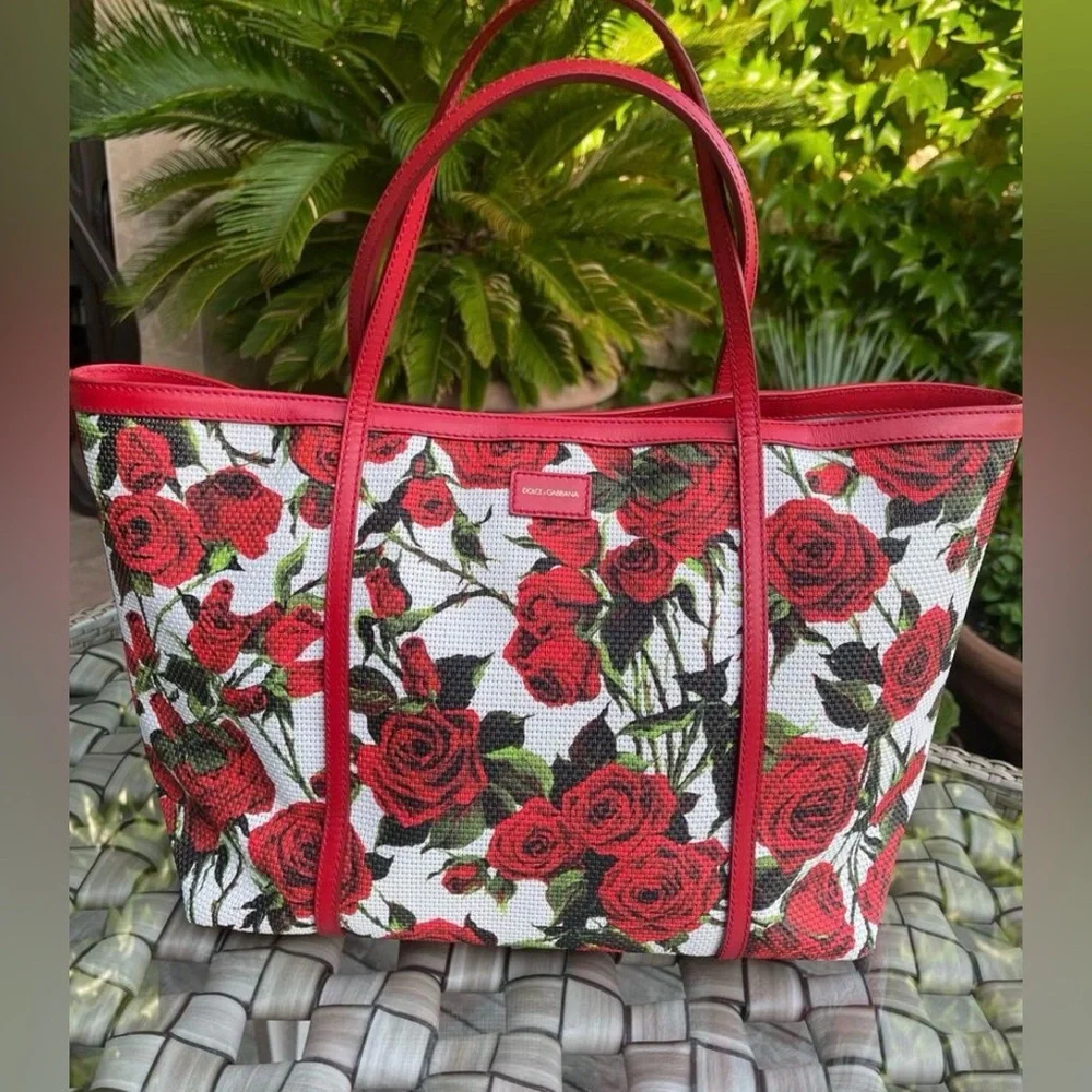 Dolce and Gabbana Red Rose Print Tote Bag - Women